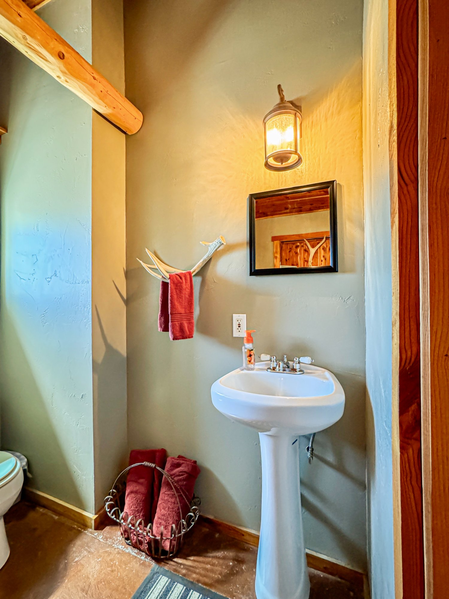 Bathroom with antler towel hook and warm light