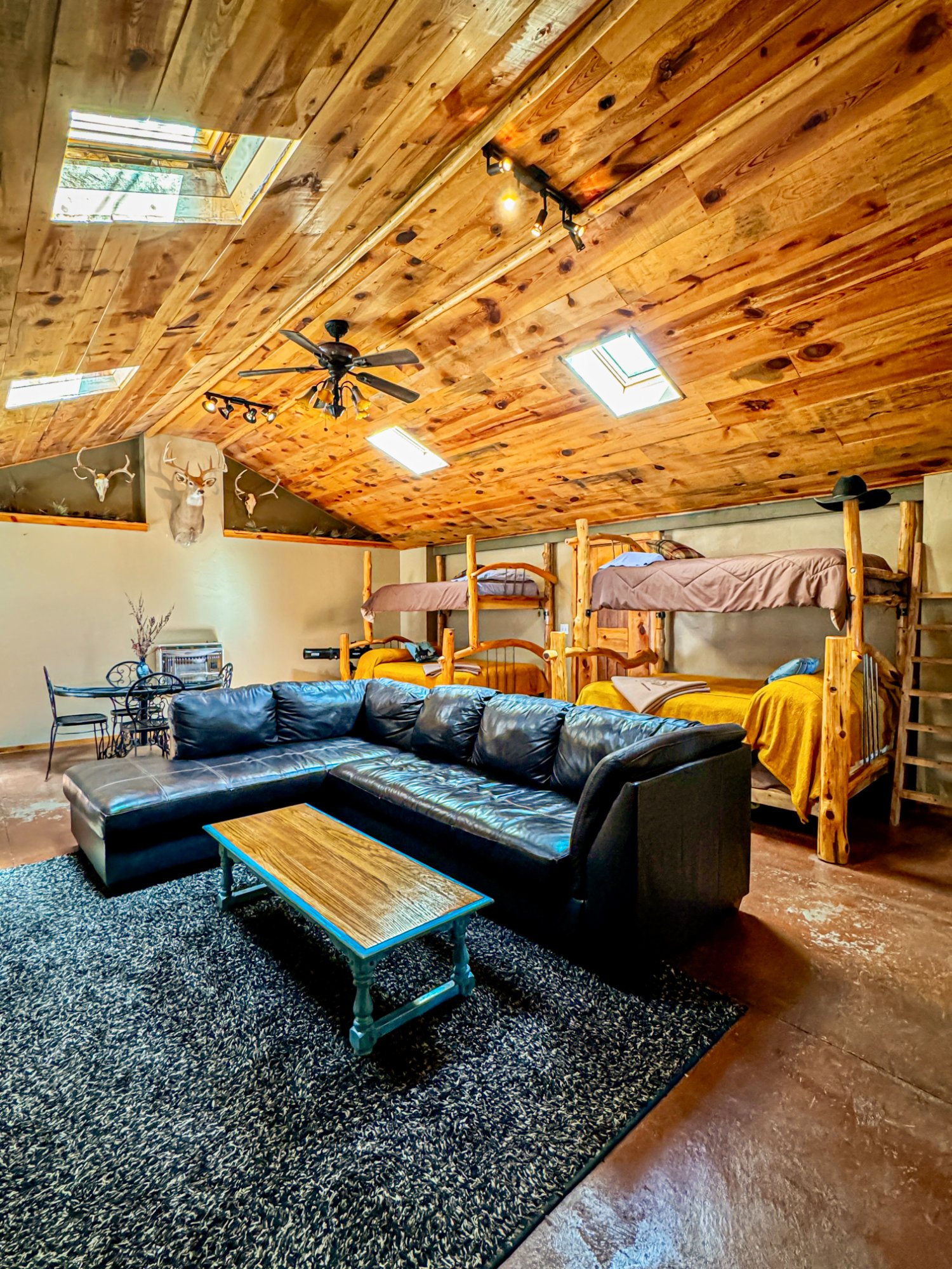 Main room — juniper ceiling, skylights, log bunk beds, leather sectional